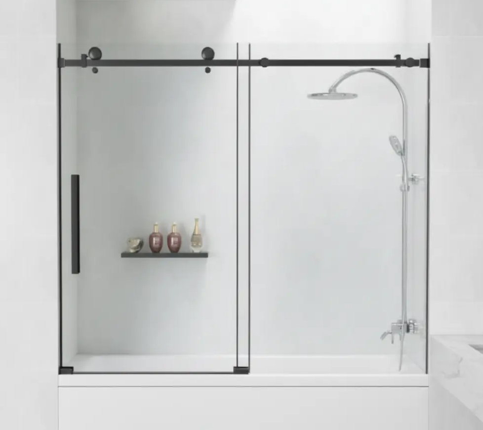 MILANO FRAMELESS SHOWER DOOR 8MM CLEAR TEMPERED GLASS BLACK