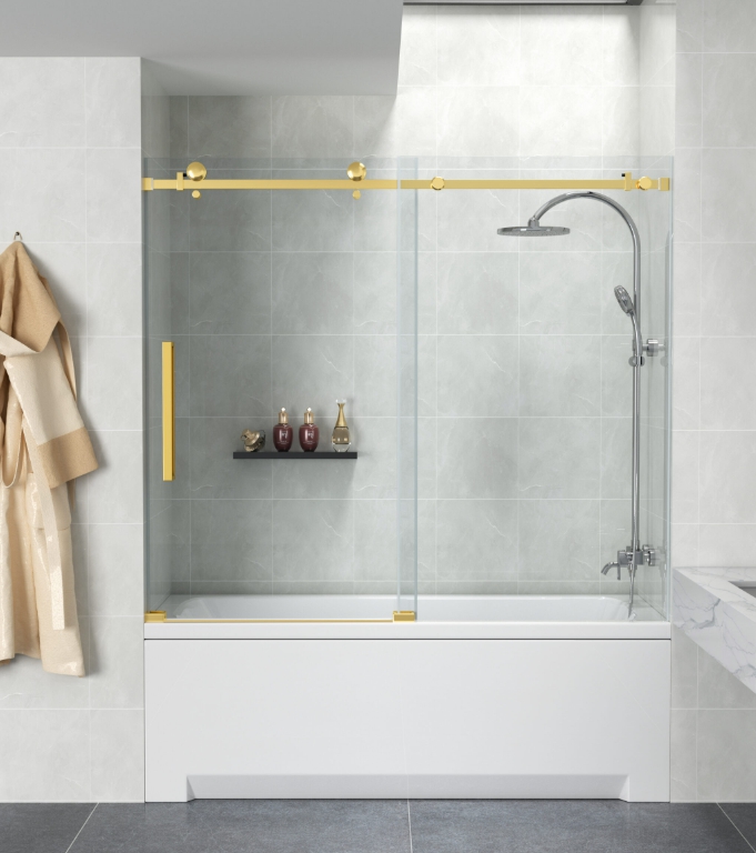 MILANO FRAMELESS SHOWER DOOR 8MM CLEAR TEMPERED GLASS GOLD